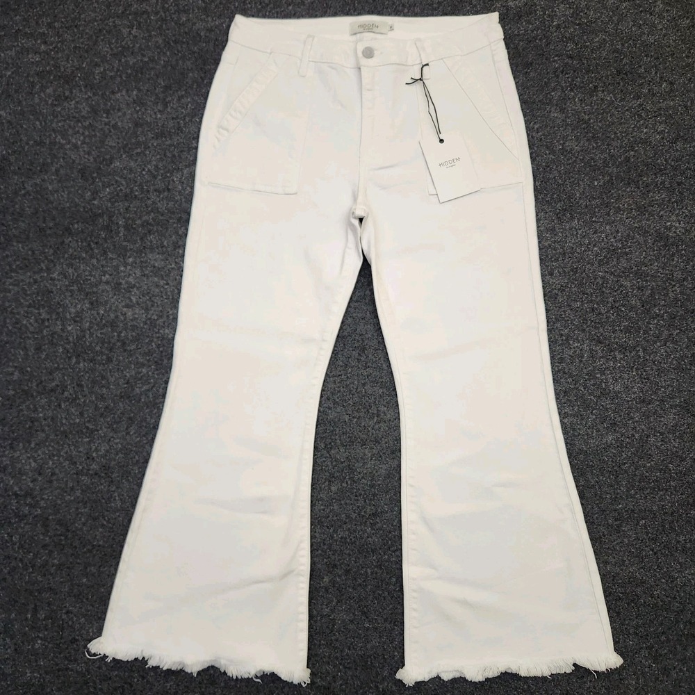 Hidden Womens 31 White Happi High Rise Cropped Flare Denim Jeans Raw Hem NEW